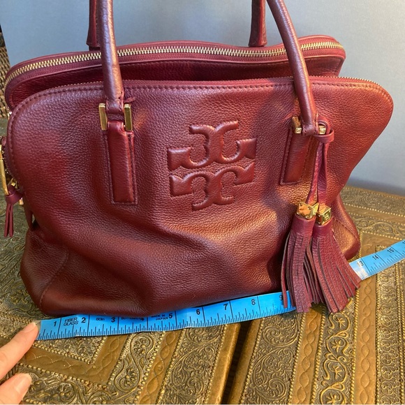 Tory Burch bag satchel leather handles spacious compartments burgundy red - Picture 12 of 16